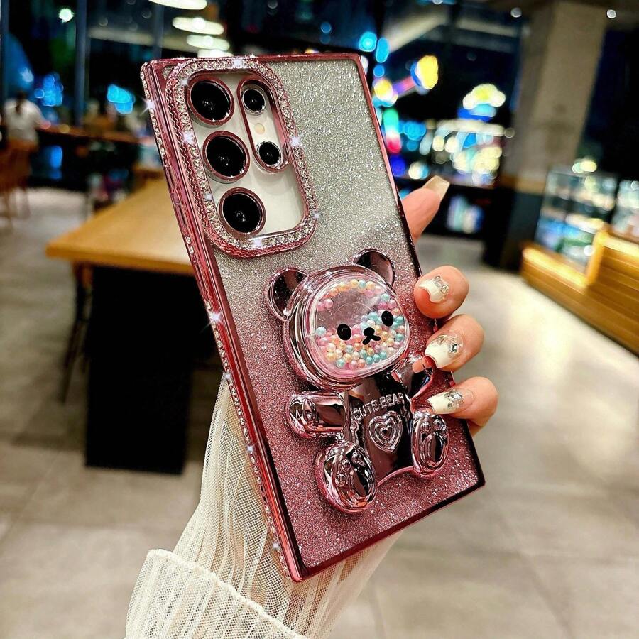 闪亮渐变闪光水钻卡通糖果液体珠熊可折叠支架手机壳适用于 17 16e 15 14 13 12 Pro Max 14 15 Plus 11、Galaxy A05 A05S A06 A07 A17 A12 A13 A14 A15 A25 A33 A35 A52 A53 A54 A55、S23 S24 S25、EDGE、Mate 50 60、X9a X9b、Magic 5 Lite 6 Lite、S23 S24 S25