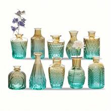 10 piezas Floreros pequeños vintage con relieve degradado, decoración central, para escritorio, boda, regalo de inauguración de casa (Amarillo-Verde)