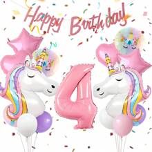 16pcs/Set Unicorn Theme Birthday Party Decorations, Suitable For Girls Purple & Pink Unicorn Party Theme Balloons, Large Rainbow Unicorn Foil Balloons, With Pink Birthday Banner, Hearts & Stars Party Supplies