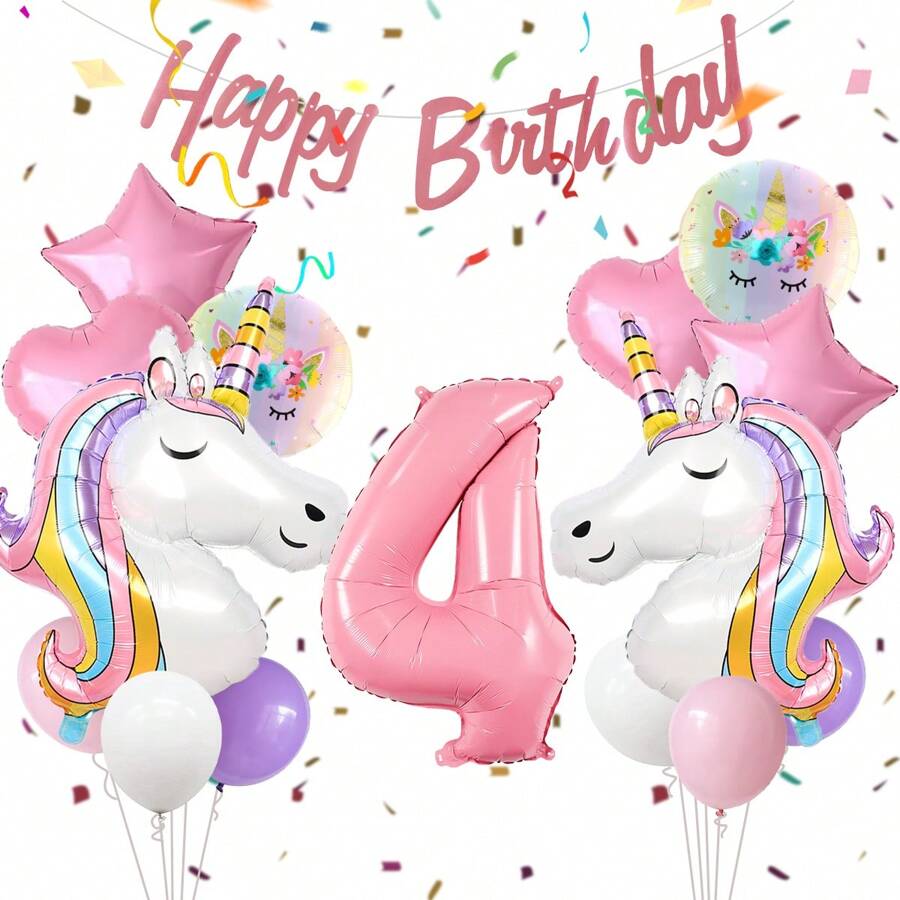 16pcs/Set Unicorn Theme Birthday Party Decorations, Suitable For Girls Purple & Pink Unicorn Party Theme Balloons, Large Rainbow Unicorn Foil Balloons, With Pink Birthday Banner, Hearts & Stars Party Supplies