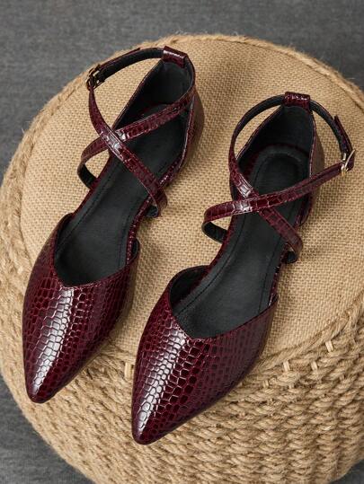 Women's Pointed Toe Low Vamp Lace-Up Flat Shoes, Elegant Commute Office Work Casual Outdoor, Comfortable Hollow Slip-On Flats, Autumn, Wine Red