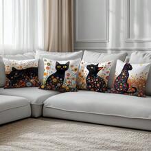 Set de 4 fundas de cojín decorativas con diseño de gato negro y flores de Klimt, hechas de tela de terciopelo suave, impresión unilateral, de 45 * 45 cm, adecuadas para sala de estar, dormitorio, sofá, decoración del hogar, regalo