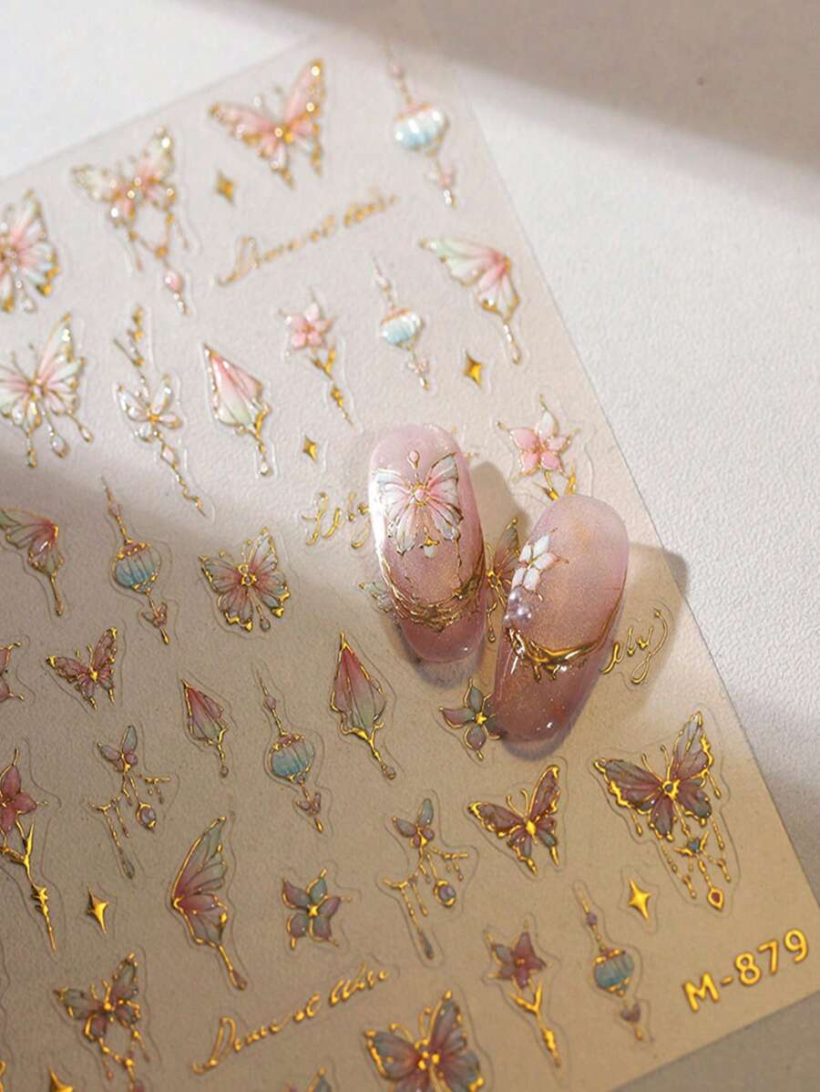 1 件镀金蝴蝶指甲饰品贴纸 DIY 艺术 Y2K 风格 5D 美甲装饰贴花 - 彩色 - 查看 1