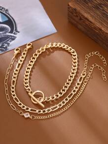 3pcs/Set Fashionable Gold Square Cubic Zirconia Pendant Layered Copper Ring Chain Bracelet Set, Luxury Minimalist Versatile Accessory Gift (Chain, Ring, Bead Quantity Random)