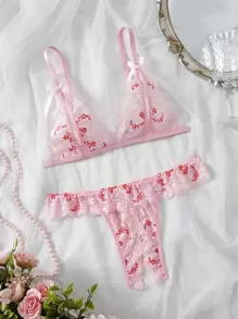 女士花卉印花撞色蕾丝蝴蝶结点缀性感内衣套装 - 粉色 - 查看 1
