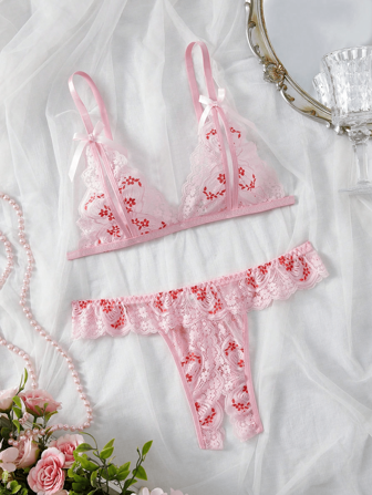 女士花卉印花撞色蕾丝蝴蝶结点缀性感内衣套装