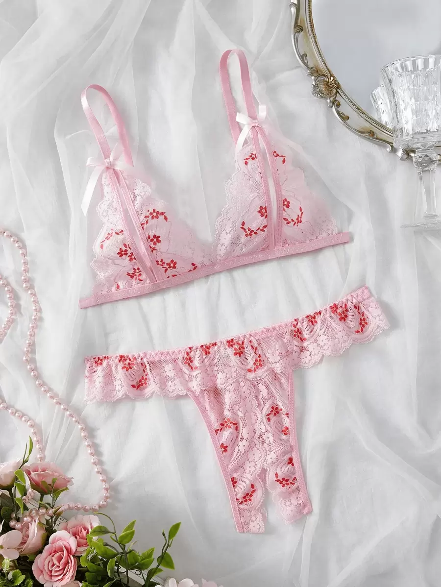 女士花卉印花撞色蕾丝蝴蝶结点缀性感内衣套装 - 粉色 - 查看 1
