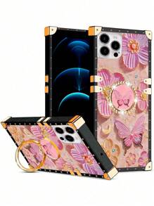 1 件粉色蝴蝶花朵图案水钻装饰指环支架矩形手机壳适用于 Apple 17 Pro Max/17 Air/16 Pro Max/15 Plus、Galaxy S25 FE/A17/A07/S24+/S24 Ultra 5G/S24FE/A55 5G/Note20 Ultra/Note10+、Redmi Note 13 Pro 5G、OPPO A38、Realme C63、Vivo Y36、Infinix Smart8、Spark20/GO 2024/HOT 40i - 彩色 - 查看 4