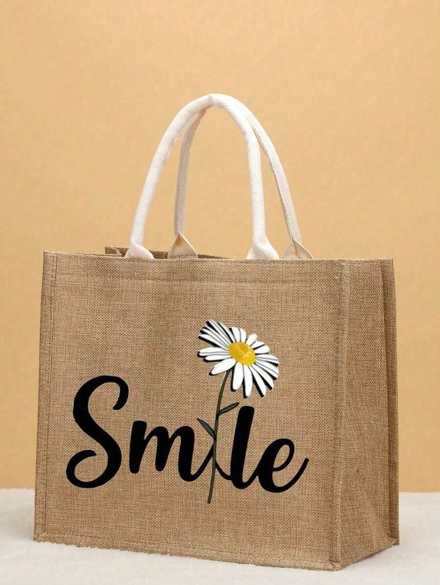 字母与花朵图案购物袋、简单字母印花亚麻手提袋、多功能便携式手提袋、雏菊印花手提袋、女士礼物、礼物、完美的假日挎包、便携式海滩字母假日包、工作包、女士时尚帆布手提袋，适合女性大学生购物