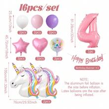 16pcs/Set Unicorn Theme Birthday Party Decorations, Suitable For Girls Purple & Pink Unicorn Party Theme Balloons, Large Rainbow Unicorn Foil Balloons, With Pink Birthday Banner, Hearts & Stars Party Supplies