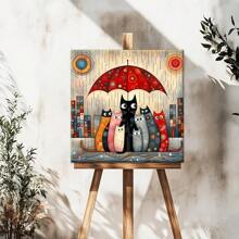 JOZYSH 1 Stück, 40x40 cm/15,7x15,7 Zoll Kreuzstich-Set, Regenschirm Katzen Muster, Wohnzimmer/Schlafzimmer Wanddekoration Handarbeit DIY Kreuzstich Set, Heimdekoration Kunsthandwerk Geschenk, beinhaltet bedrucktes Muster, Stoff, Fäden, Nadel und Anleitung