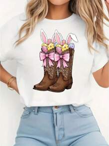 你好复活节 春夏秋季女士短袖牛仔靴复活节风骚西式复活节兔子复活节快乐趣味复活节复古复活节女士上衣 - 白色 - 查看 6