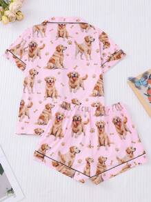 2pcs Women Pajama Set, Dog Print, Ladies Homewear, Spring/Summer Holiday Outfit, Short Sleeve Lapel Top And Shorts Lounge Wear - Pink - View 2