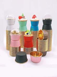 50 件/套一次性 PET 涂层蛋糕和甜点杯，（可选盖子），耐热光面纸杯蛋糕衬垫，松饼模具，烘焙工具，带边纸杯蛋糕杯，蛋糕托盘，适用于婚礼、复活节、母亲节、毕业典礼、生日派对