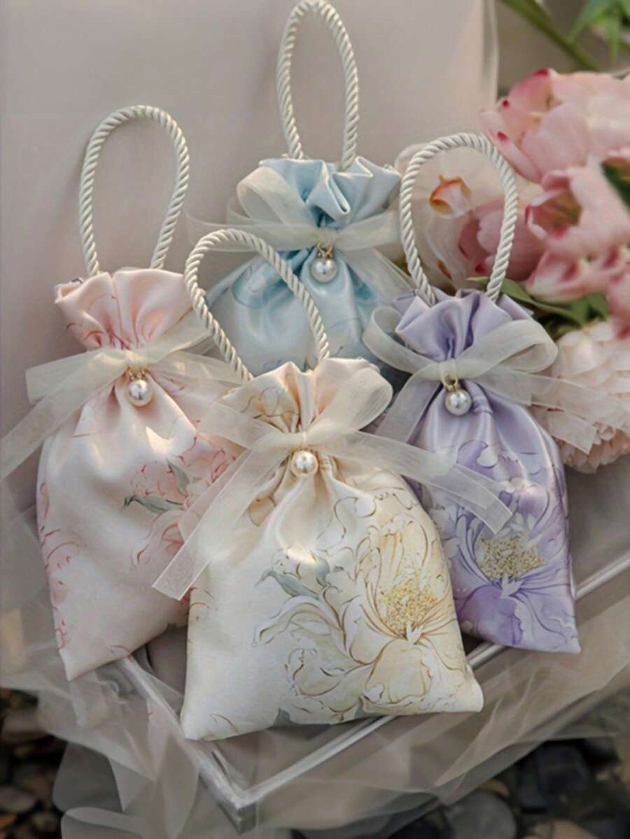 2/4 gói túi đựng kẹo có dây rút họa tiết hoa với ngọc trai và ruy băng - Vải polyester Chambray - Dùng cho đám cưới, sinh nhật và những dịp đặc biệt - Quà tặng hoàn hảo cho Ngày lễ tình nhân, Ngày của mẹ, Mùa xuân và Mùa hè - Nhiều màu - Xem 1