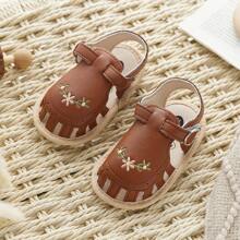 Baby Girl Sandals, PU Leather Non-Slip Embroidery Flower Summer Flats Toddler Shoes For Casual Daily - Brun - Visa 2