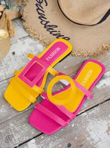 Sandali piatti slip-on con blocchi di colore, stile casual da vacanza, ciabatte, abbigliamento estivo da spiaggia, leggeri e traspiranti, con punta quadrata e suola antiscivolo per donna