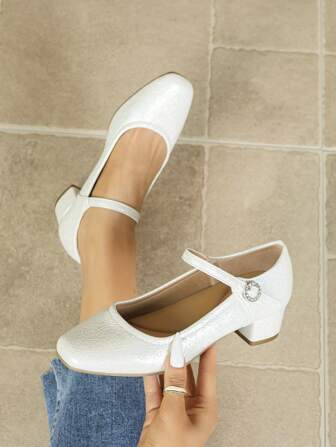 Women's Square Toe Casual Comfortable Crystal Buckle Thick Heel Soft Bottom Work Shoes