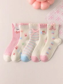 5 pares de calcetines para niños con diseños de corazón, moño y animales lindos, uso elegante y casual diario, calcetines de media caña suaves y cómodos de malla