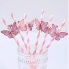 6 pezzi di cannucce di carta a tema farfalla rosa, adatte per compleanni, matrimoni, feste familiari e vacanze - Multicolore - Visualizzare 8