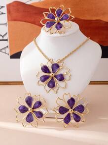 时尚优雅的波西米亚风金属珐琅镂空花朵首饰套装、项链、耳环、戒指，适合日常和节日佩戴，随机花朵设计 - 紫色 - 查看 4