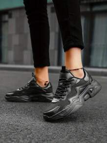 Women's Stylish Mesh Sneakers - Lace Up Platform Chunky Sneakers With Breathable Thick Soles For Comfort! - Black - View 1