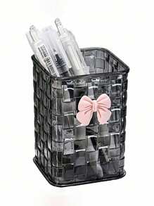 1pc Clear Acrylic Desk Organizer With Bow Accent - PMMA Pen Holder And Storage Basket For Office Supplies, Pens, And Accessories