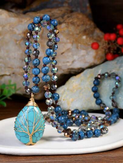 Collar largo estilo bohemio hecho a mano, elegante colgante envuelto en turquesa con cadena colgante de cuentas azules vintage anudada, adecuado como regalo para el Día de la Madre para mujeres
