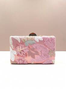 Mini lila Abendtasche (zufälliges Muster, einzigartig), elegante und raffinierte Clutch Tasche der Frau mit paillettenbestickter Stickerei, quadratisches Design geeignet für Party, Hochzeit, Ball