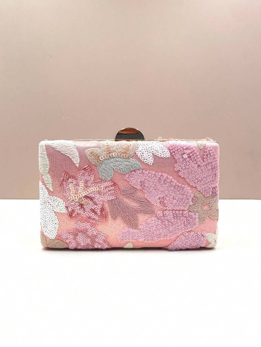 Mini lila Abendtasche (zufälliges Muster, einzigartig), elegante und raffinierte Clutch Tasche der Frau mit paillettenbestickter Stickerei, quadratisches Design geeignet für Party, Hochzeit, Ball