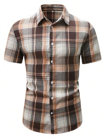 男士休闲格子纽扣短袖衬衫