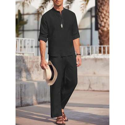 Men's 2 Piece Cotton Sets Casual Long Sleeve Cuban Henley Shirt And Loose Pants Set Beach Vacation Outfits