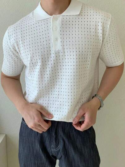 Camisa polo masculina de malha branca de manga curta – Design com padrão vazado – Gola clássica com carcela de botões – Tecido de malha respirável – Confortável e elegante para atividades casuais diárias, de fim de semana e ocasiões semi-formais
