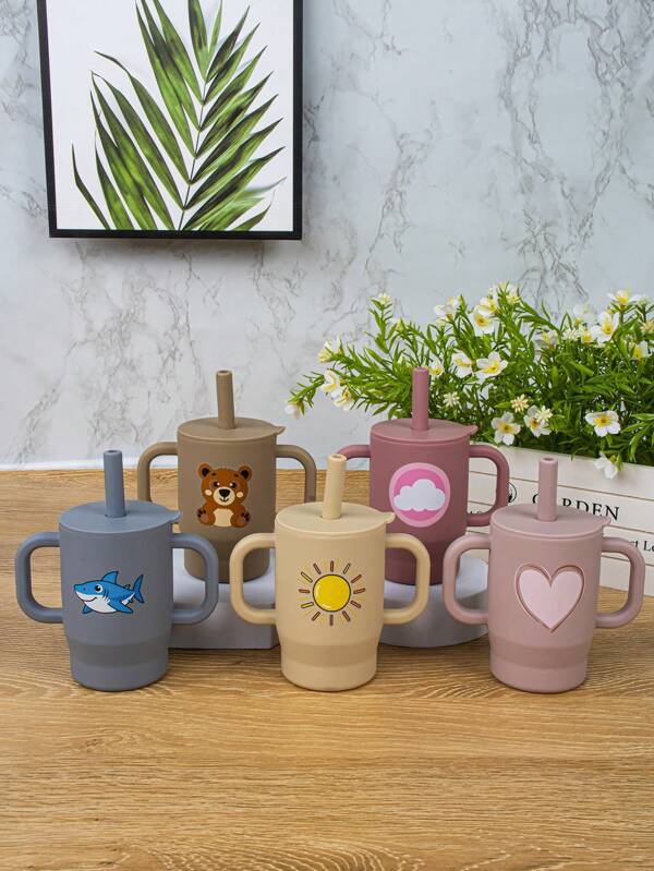 2pcs 5oz/150ml Creative Printed Kids Training Cup, With Handle & Straw, Silicone,  & Material, Suitable For Boys & Girls