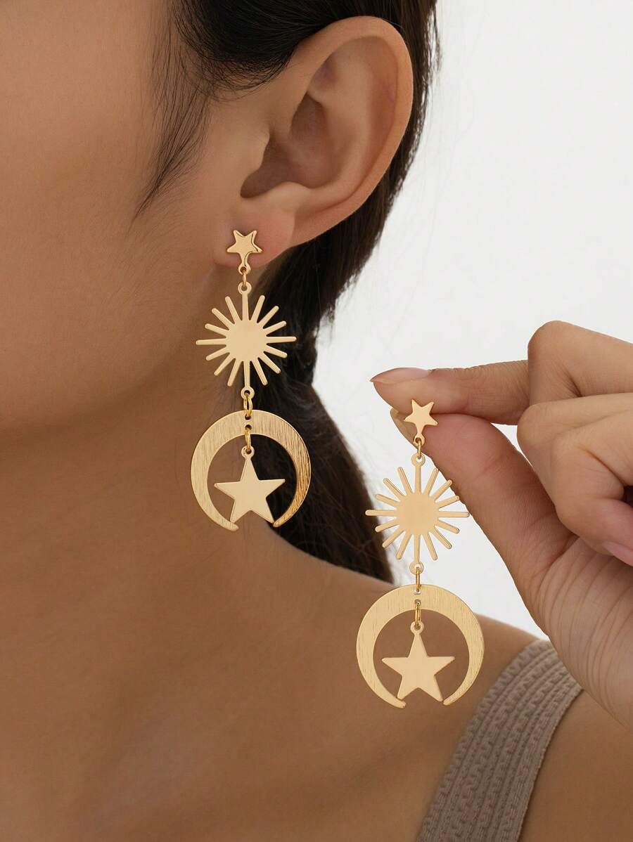 1 对镀金星星和新月吊坠耳环，女士珠宝 - 金黃色 - 查看 1