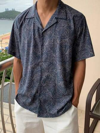 Men's Summer Short Sleeve Allover Print Floral Pattern Polo Shirt, Fashionable