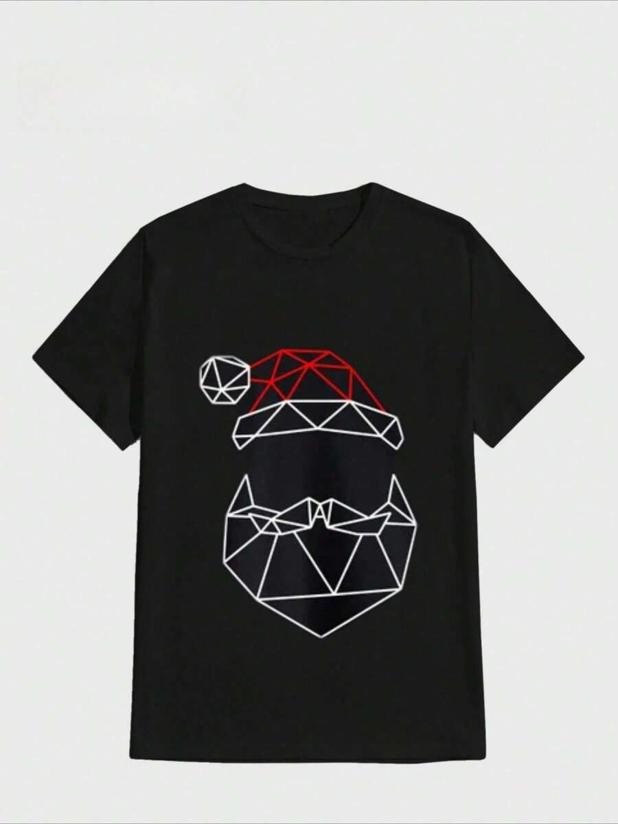 :Camisa de algodón puro al 100% y pesado con impresión digital casual para hombres, tema navideño, el patrón del Papá Noel en estilo geométrico