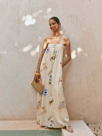 1 女式印花吊带长裙，波西米亚风格，夏威夷风格长裙，宽松款式