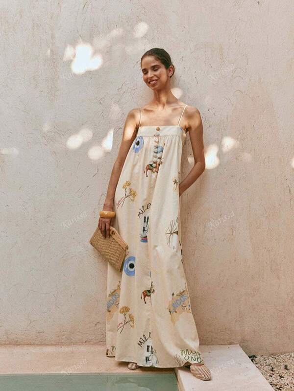 Rochie maxi cu bretele și imprimeu pentru femei, nasturi, bretele reglabile, fermoar invizibil, stil boem, ținute hawaiene pentru femei