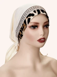 1pc Women's Stretchy Knit Fabric Leopard Print Patchwork, Rhinestone Embellished Elegant Headband, Versatile Casual Hat, All Season - Beige - View 3