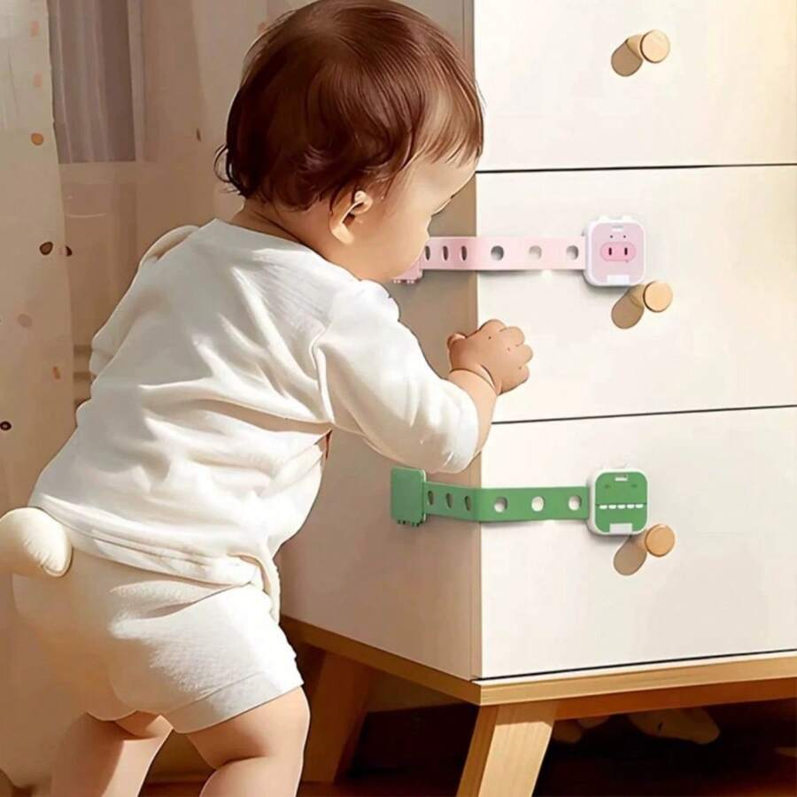 2个装儿童抽屉锁、橱柜锁、防夹手儿童锁、可调节儿童锁、卡通动物头冰箱橱柜锁 - 多色 - 查看 1