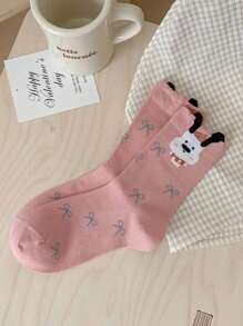 5 Pairs Women's Assorted Color Animal Pattern Mid-Calf Socks, Fashionable Versatile, Soft & Comfortable For Everyday Wear