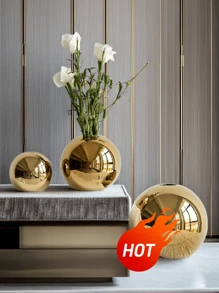 Okrągły, złoty, galwanizowany ceramiczny wazon do dekoracji domu, wystroju weselnego, kompozycji kwiatowej i lekkiej, luksusowej ozdoby na stół.,Dekoracje weselne,Ozdoba centralna,Dekoracja stołu,Impreza