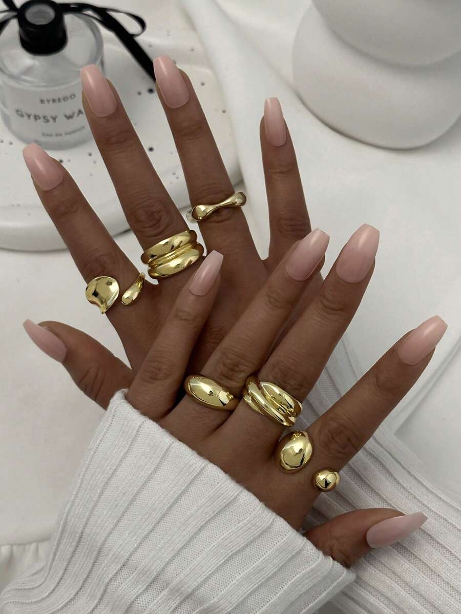6pcs Fashionable Asymmetrical Metallic Liquid Gold Rings, Unique Minimalist Rings For Women
