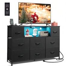 Dresser For Bedroom With Charging Station And LED Lights, Fabric Chest Of Drawers With Open Shelves For 55 Inch TV, 8 Drawers Dressers