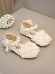 1 Pair Girls Fashion Elegant Minimalist Pearl Embroidery Breathable Mesh Bowknot Decor PU Princess Flats, Soft Non-Slip Easy To Wear, Suitable For Dresses And Piano Performance, All Season