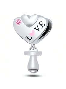 1pc 925 Sterling Silver Heart-Shaped Pacifier Pendant With Zirconia Stone, DIY Beading Jewelry, Mother's Day Gift - Silver - View 1