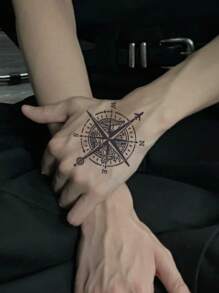 1 件几何罗盘星球临时纹身半永久纹身欧式风格防水防汗持续 1-2 周逼真草本汁防摩擦不反光仿黑色假纹身男女手臂、胸部、腿部、腹部、腰部、手指、颈部纹身贴纸现代人体艺术 - 黑色 - 查看 2