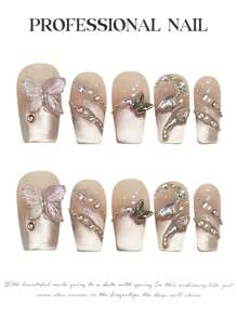 YADORNOS 10片粉色猫眼法式3D蝴蝶蛇形钻石手工亚克力按压式美甲贴片，甜美可爱少女风链条水晶装饰，中号椭圆/短棺材形全覆盖美甲贴片，包含果冻胶和指甲锉，DIY美甲用品 - 粉色 - 查看 7