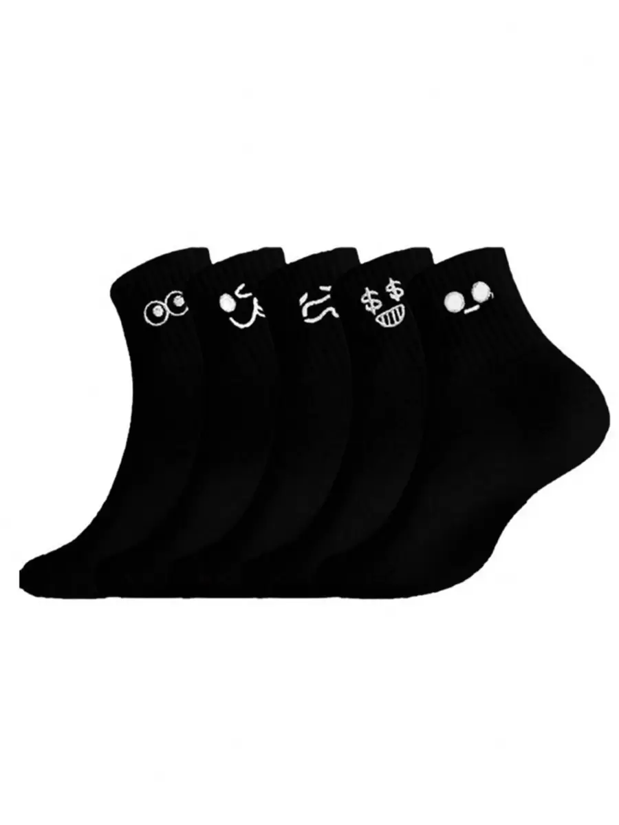5雙中性秋冬中筒襪，黑色趣味表情設計，透氣吸汗，Ins風情侶休閒襪，學院風女襪，送男友禮物 - 黑色 - 查看 1